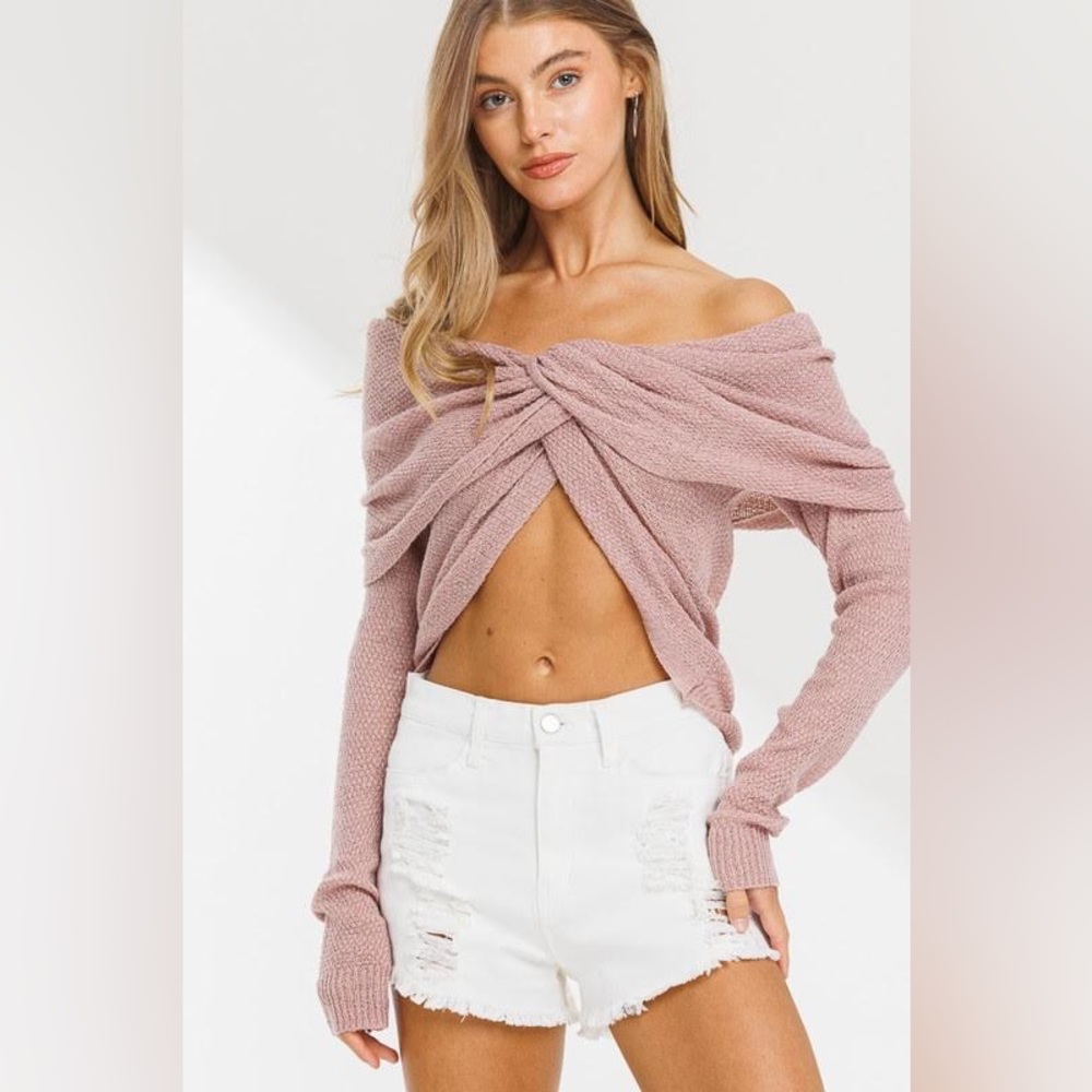 Off the Shoulder Twist Front Sweater Top